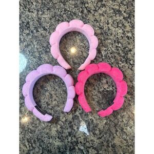 Set of 3 Puffy Spa Headbands Scalloped Microfiber Skincare Headbands Pink Purple